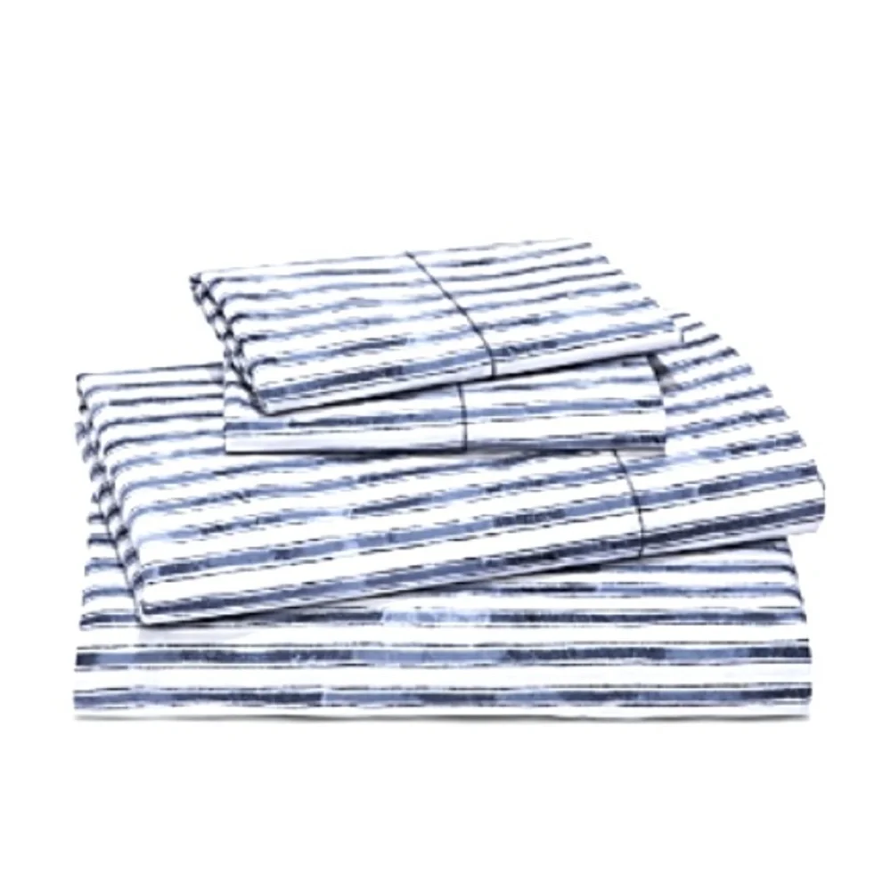 Sky Watercolor Stripe Percale Full Sheet Set, Navy White New w/Tag $175